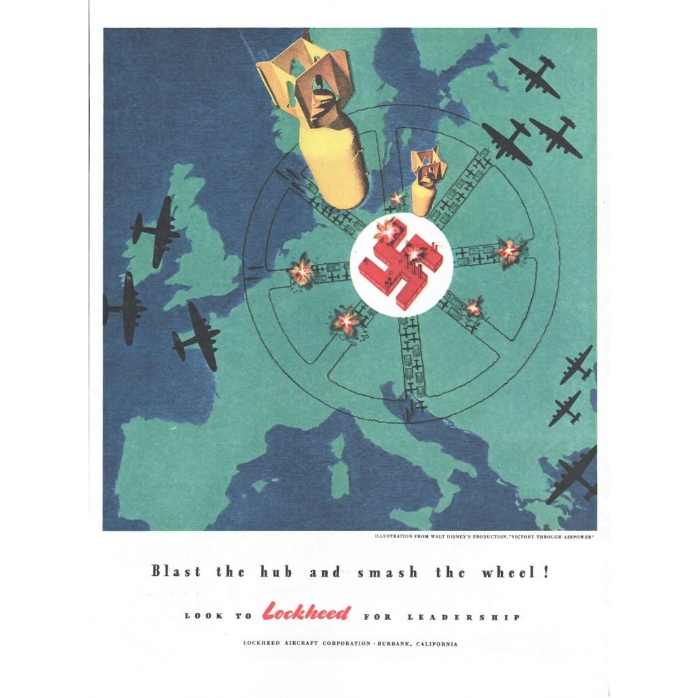 1944 Lockheed Aircraft Bomber Vintage Print Ad Blast the Hub WW2 Wall Art Disney